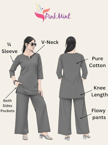Image of Pinkmint Women's Pure Cotton Co Ord Set l Kurta Sets for Women |Kurta Sets| Printed Kurta with Pant l Stylish Pocket & 3 /4 Sleeve Women Co-ord Set (Avaiable in Plus size)