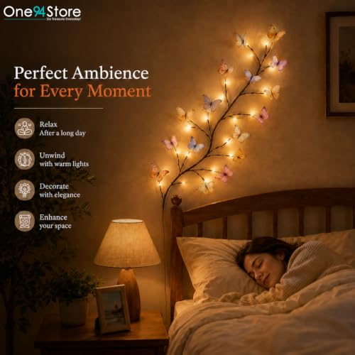 Image of One94Store Butterfly 72 LED's Vine Wall Light | USB Powered Flexible Branch with Warm White Fairy Lights | Remote Control, 8 Lighting Modes & Brightness Control | Wall Decor for Bedroom & Living Room