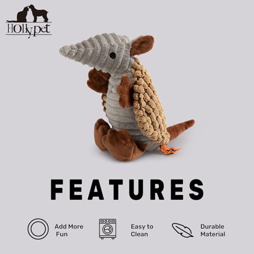 Image of Hollypet Plush Dog Squeaky Toy Stuffed Armadillo Animal Pet Puppy Chew Toys with Clean Teeth for Small Medium Large All Breed Sizes Dogs, Light Brown, 10 in