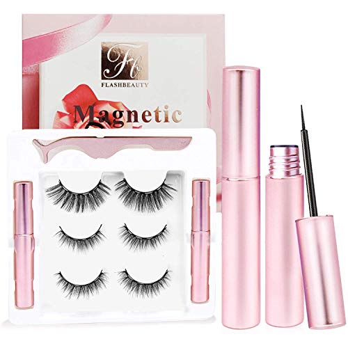 Magnetic Eyelashes with Eyeliner 3 Pairs Reusable Fake Eyelashes No Glue 2 Only Magnetic Eyeliner 3D eyelash sets (Girl Pink)