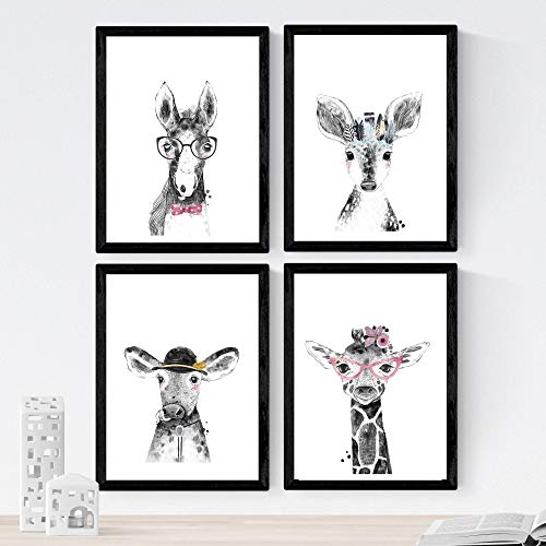 Nacnic Set of 4 sheets of Animals Children with glasses and feathers on A4 size paper Poster 250 gr, Modèle 6