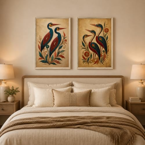 Image of Artify Set of 2 Ethnic Bird Floral Wall Paintings for Living Room Bedroom Hallway Decor with Premium Wooden Color Synthetic Frame