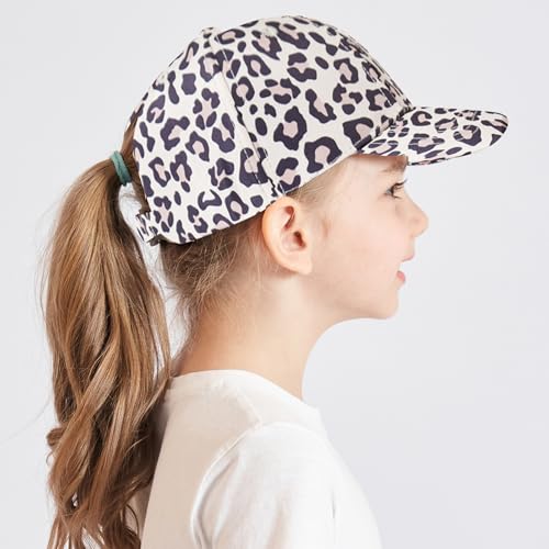 ZXTGBQ Cap Kinder Mädchen 3-8 Jahre, Baseballkappe Leopard, Kinder Pferdeschwanz Baseballkappe, UV-Schutz Schirmmütze Sommermütze Junior Sommerhut Tennis Kappe Sonnenhut Visier UPF 50+
