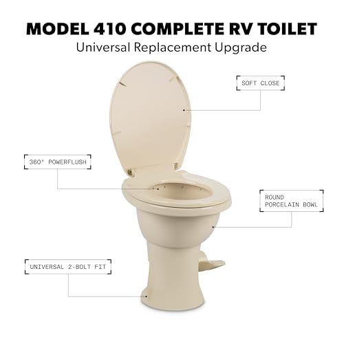 Image of Dometic Model 410 Complete RV Toilet - Round Porcelain Bowl, Universal Fit & 2-Bolt Mount, 18 inch Chair Height Residential-Style, Gravity Flush Toilet with Soft-Close Seat, Bone (9610008260)