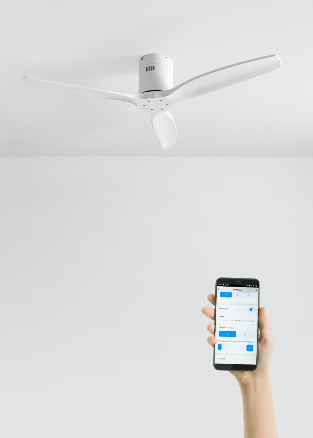 CREATE / WINDCALM NATURAL WOOD M/Ventilador de techo blanco con Wifi y mando / 40W, Temporizador, Ø132 cm, 6 velocidades, silencioso, función verano-invierno