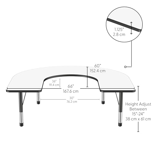 Image of FDP Dry-Erase Horseshoe Activity School and Classroom Kids Table (60 x 66 inch), Chunky Toddler Legs for Collaborative Spaces, Adjustable Height 15-24 inches - Whiteboard Top /Black Edge