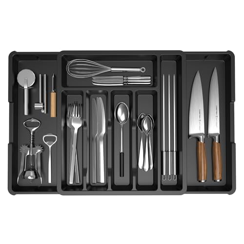 KreuRaxy Expandable Silverware Drawer Organizer, Adjustable Kitchen Flatware Organizer with Removable Dividers, Large Capacity Utensil Holder, Cutlery Tray for Kitchen Office Bathroom Supplies(Black)