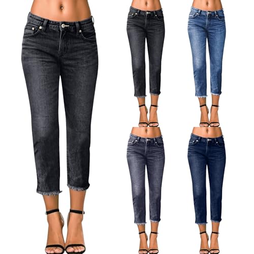 Capri Jeans for Women High Waisted Stretchy Skinny Jeans Cut Off Straight Leg Raw Hem Denim Capris Pants with Pockets