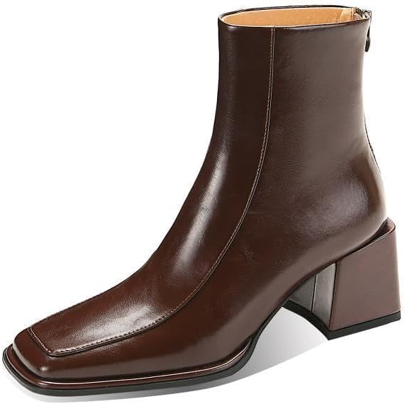 TinaCus Women's Handmade Genuine Leather Chic Square Toe Back Zipper Mid Block Heel Ankle Boots