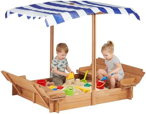 Kids Sandbox with Adjustable Cover, 46.5″ Wooden Sand Box with 2 Foldable Bench Seats, Outdoor Sandpit for Backyard Play