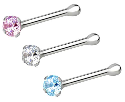 Forbidden Body Jewelry Nose Rings Sterling Silver CZ Simulated Diamond Micro Nose Studs 22G Set of 3 (Clr/Rose/Aqua)