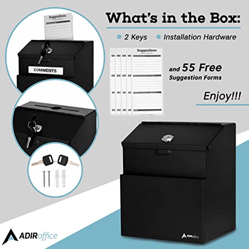Adir Suggestion Box With Lock - Metal Donation Fundraising Ballot Prayer Box With 55 Free Suggestion Forms Cards & 2 Keys (Wall Mounted - Black) #TOP1