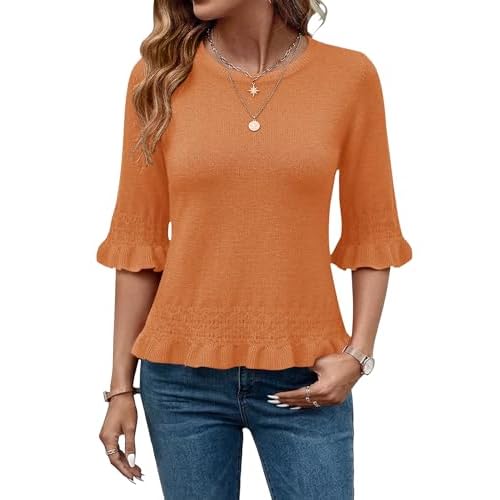 AKEWEI Womens 3/4 Sleeve Pullover Sweater Crewneck Knit Peplum Tops Lightweight Casual Going Out Outfits