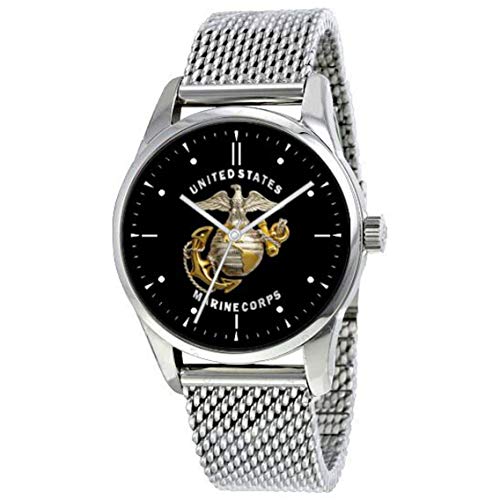 Military Time Marines Emblem Watch with Large Polished Chrome Case and Adjustable Stainless Steel Mesh Band
