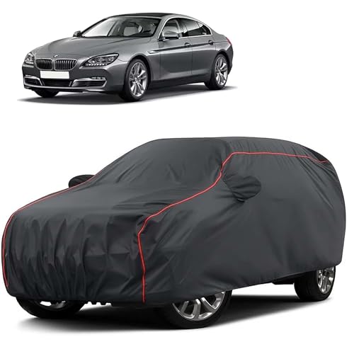 Image of Sulfar 100% Water Resistant Car Body Cover Compatible with Mirror for BMW 640D (Triple Stitched, Full Bottom Elastic, Dark Grey Taffeta with Red Piping)