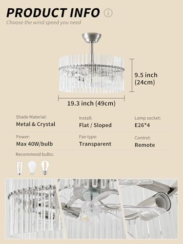 Image of SYDACG 20 inch Silver and Clear Crystal Fandelier Ceiling Fan with Light, Mid-Century Chandelier Ceiling Fan with Light Remote Control, 6 Speeds for Bedroom, Nursery, Living Room