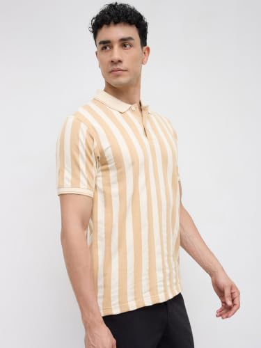 Image of Raymond Men Modern Fit Stripe Pattern Pure Cotton Polo Neck Half Sleeve Casual T-Shirt