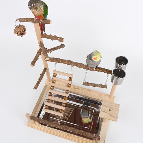Image of RoseFlower Bird Playground, Parrots Wooden Playstand, Birdcage Playground Play Gym Parakeet Playpen Ladder with Feeder Cup and Tray, Bird Toys Swing Exercise Toy