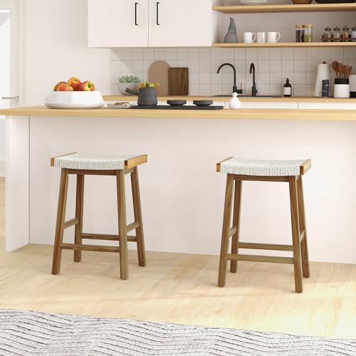 Conjunto de 4 butacos de taburete con asiento tejido de algas marinas, altura de barra de 25,5 pulgadas, estructura de madera de caucho y acacia, reposapiés, para isla de cocina y comedor, color natural miniatura 2