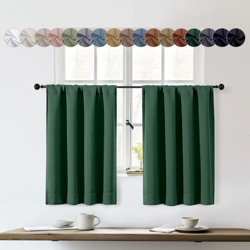 OWENIE Sally Ever Green Kitchen Curtains 36 Inch Length 2 Panels Set, Half Window Small Rod Pocket Privacy Room Darkening Blackout Curtain Tiers for Bathroom Bedroom, 2 Pcs Each W40 x L36 Inch