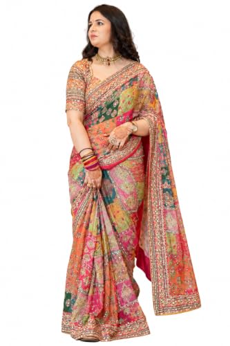 Generic Surreptitious Multicolor Chinon Silk Mirror Aari Work Saree - Image 2