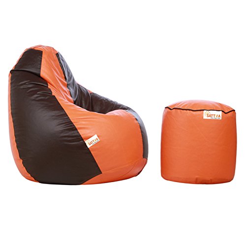 Image of Sattva Combo Classic XXL Bean Bag Orange Brown and Round Footstool Filled with Beans - Orange with Brown Piping