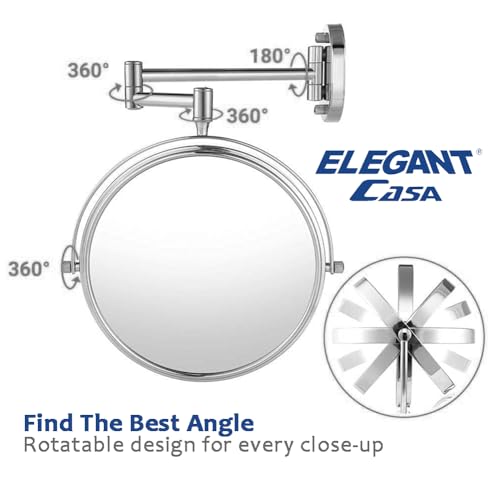 Image of ELEGANT CASA Wall Mounted 8-Inch 5X Magnifying Mirror | Stainless Steel Round Vanity Mirror | 360 Swivel Adjustable Arm | Dual-Sided for Shaving, Makeup & Bathroom Use