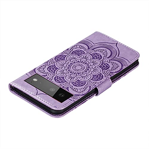 Eyzutak Mandala Case For Google Pixel 6, Premium Leather Flip Wallet Card Slots Magnetic Stand Protective Cover Ultra Slim Case With Lanyard, Embossed Flip Cover-Purple #TOP7