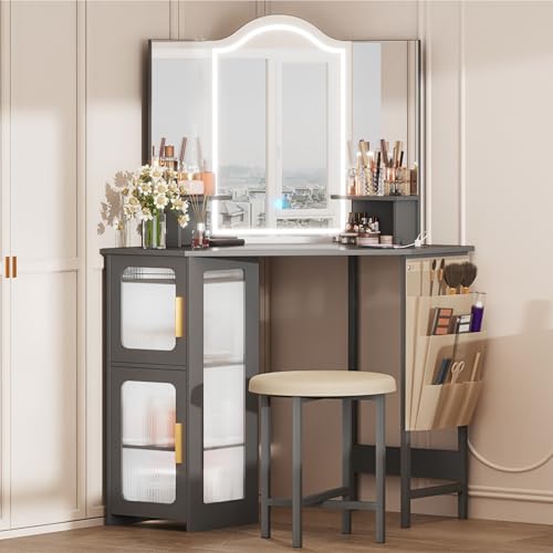LVSOMT Corner Makeup Vanity Desk with Mirror and Lights, Dressing