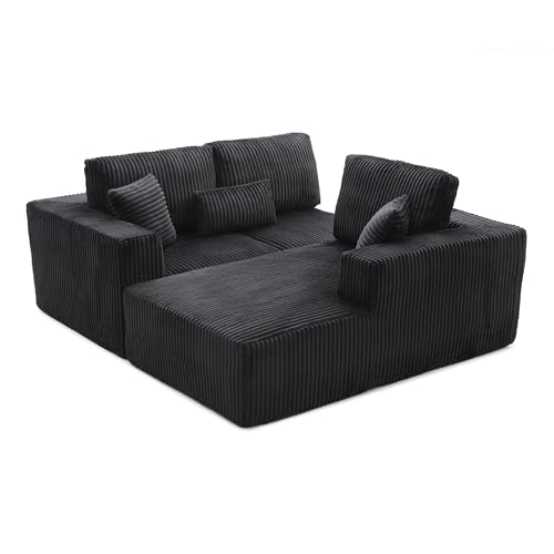 Image of L Shaped Modular Boneless Sectional Couches for Living Room, Wide Armrest, Deep Seat, Memory Foam, Assembly Free, Modern Comfy Corduroy Fluffy Cloud Sofa with Right Chaise, Black