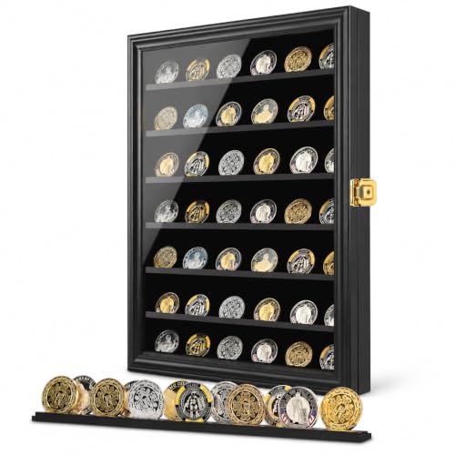 Image of Jinchuan Military Challenge Coin Display Case Lockable Cabinet Rack Holder Shadow Box with Removable 2 Grooves Shelves and Anti Dust Door for Casino Poker Chips Collectibles, Large - Black 1 Pack