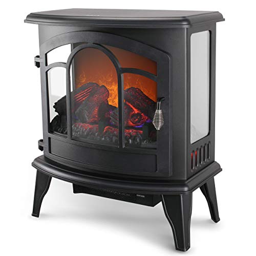 Della 17 Inch 1400W Compact Freestanding Portable Electric Fireplace Stove Heater With Realistic 3D Flame Effect, Infrared Quartz Indoor Heat, Faux Logs - Black #TOP2