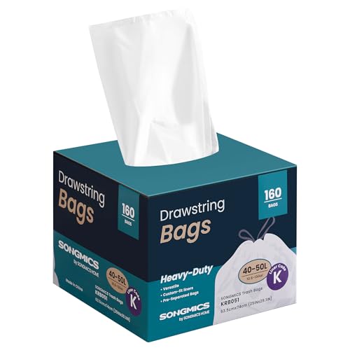 SONGMICS Heavy-Duty Bin Bags, Drawstring Rubbish Bags for 13-Gallon (50 L) Kitchen Bins, Pre-Separated, Quick-Dispense Box, Liner Code K, 4 Rolls, 160 Pieces, White KRB051A04