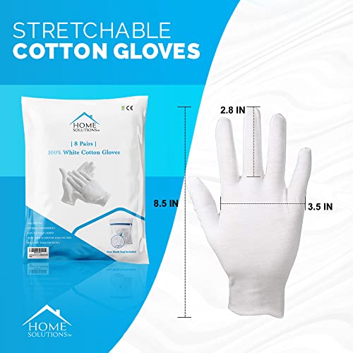 Home Solutions™ | 8 Pairs | 100% White Cotton Gloves For Eczema With Wash Bag, Moisturizing Gloves For Dry Hands, Cotton Gloves For Sleeping, Spa Gloves, Lotion Gloves Overnight For Women & Men #TOP2