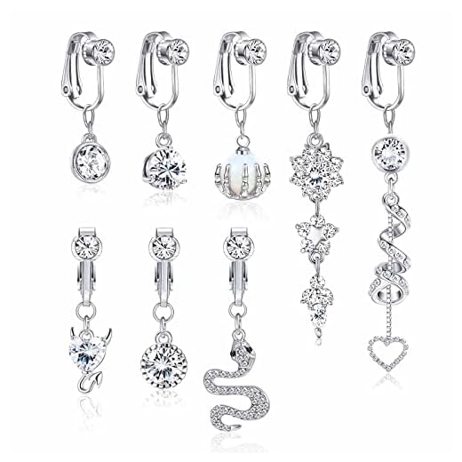 Jstyle 8Pcs Fake Belly Ring Fake Belly Piercing Clip on Belly Button Rings for Women Opal CZ Snake Dangle Fake Belly Button Piercing Navel Rings Non Pierced Silver Tone
