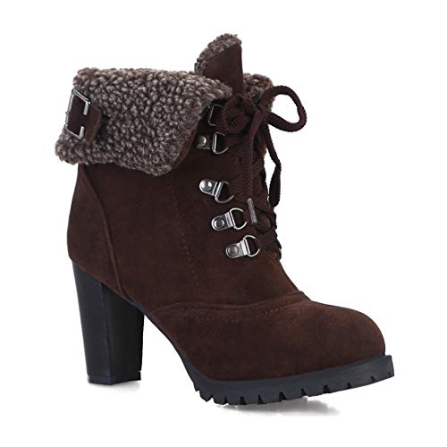 VOKLIN Women's Winter Fur Ankle Boots Lace Up Round Toe Chunky Block High Heel Warm Cuff Dressy Short Booties