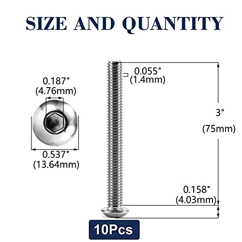 Image of 5 /16-18 x 3 inch Button Head Socket Cap Bolts Screws, 10Pcs 304 Stainless Steel 18-8, Allen Hex Drive, Bright Finish by SG TZH(with Hex Spanner)