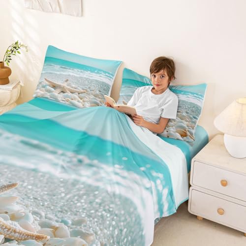 Image of jejeloiu Summer Beach Bed Sheets Set King Size Sea Bed Set for Kids Boys Girls Ocean Deep Pocket Fitted Sheet Starfish Breathable Soft Lightweight Microfiber