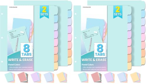 Forvencer 8-Tab Binder Dividers with Tabs, 2 Sets Write&Erase Dividers (Pack of 2)
