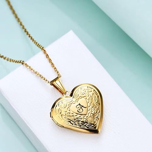 Hutou BZL-ZM26-G-A Locket Necklace Holds Pictures Alphabet Initial Letter Love Heart Lockets 18K Gold Plated Photo Memory Locket Necklaces Gold A thumb #2