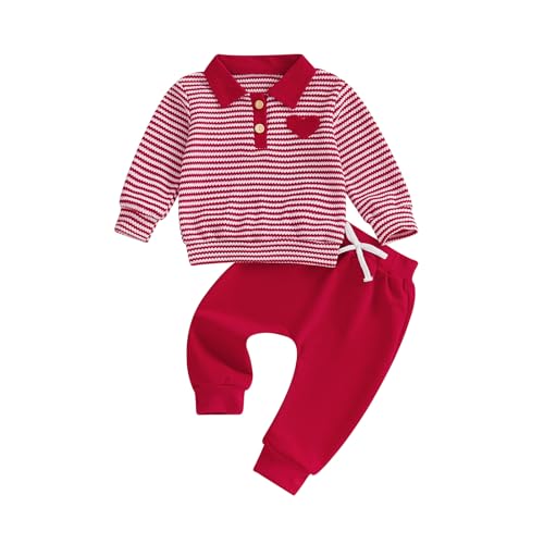 VISGOGO Toddler Baby Boy Valentines Outfit Striped Love Heart Embroidered Half Button Up Long Sleeve Sweater Tops Pants (Red 3-6 Months)