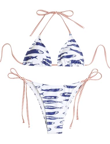 Image of ZAFUL Womens Printed Triangle Bikinis 2 Piece Halter Bikini Sets High Cut Bathing Suit Side Tie Swimsuits