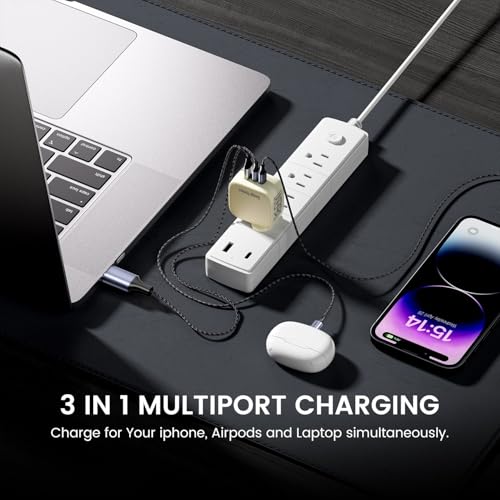 Image of DeperAI 65W 3-in-1 Fast Charger Adapter, Compatible with iPhone and Android-Samsung, Realme, Redmi,Oppo, Vivo, iPad, and Others, Wall Adapter GaN III PD3.0 Charger, Supports UFCS, Wrap (Yellow)