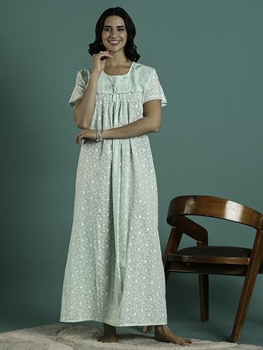 Image of 9shines Label Stylish Chikankari Cotton Nighty Maxi for Women | Full Length Nightgown | Nightdress with Pocket | Embroidery Nighty | Soft Comfortable Cotton Nightwear (1545)