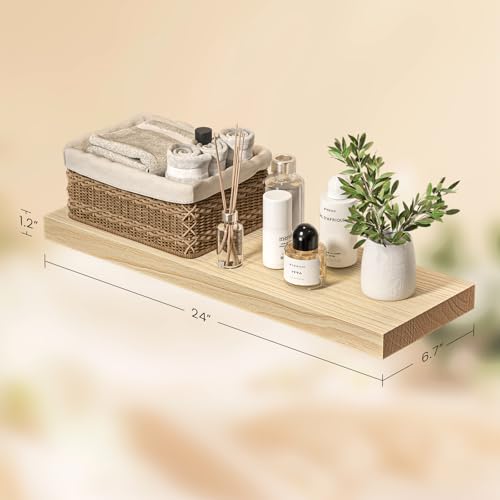 SODUKU Natural Wood Floating Shelves Set of 3, Wide and Thick Rustic Wooded Wall Shelf 24 inch, Floating Shelf Wall Mounted for Living Room Bedroom Bathroom Kitchen - DIY Unfinished - 24D x 6.7W inch