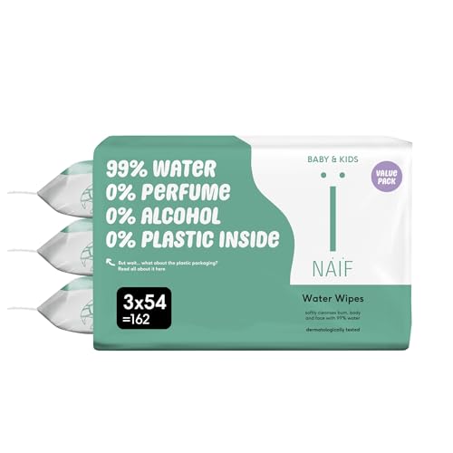 Naïf - Toallitas húmedas sin plástico - 162 toallitas (3 x 54 toallitas) - limpia y protege el cuerpo y la cara del bebé - 99% agua - 0% perfume y alcohol