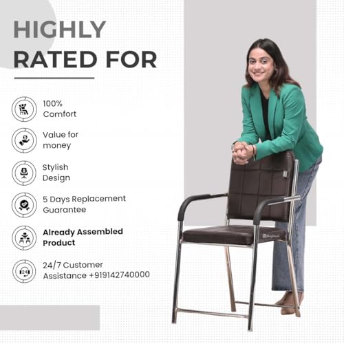 Image of Office Chair Visitor Chair with arm Rest with Steel Frame and Cushioned seat Back, Chair Without Wheels Holds up to 110 kg Heavy Design (3, Coffee, Standard)