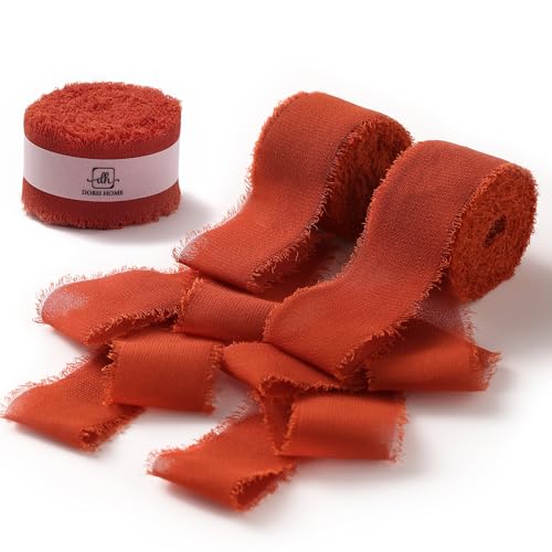 DORIS HOME Terracotta Chiffon Ribbon for Flower Bouquet 1 x21Yd Fabric Ribbon for Gift Wrapping Handmade Frayed Ribbon for Wedding Invitations/Christmas Decorations