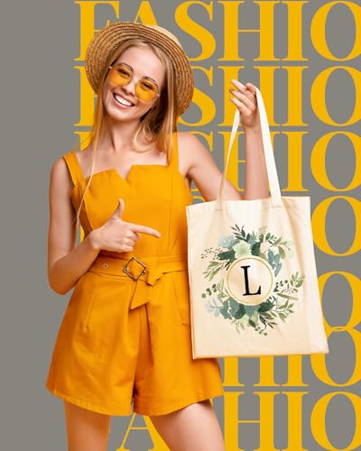 Image of AUSVKAI Canvas Tote Bag for Women, Cute Aesthetic Leaf Initial Trendy Cotton Reusable Personalized Birthday Bags