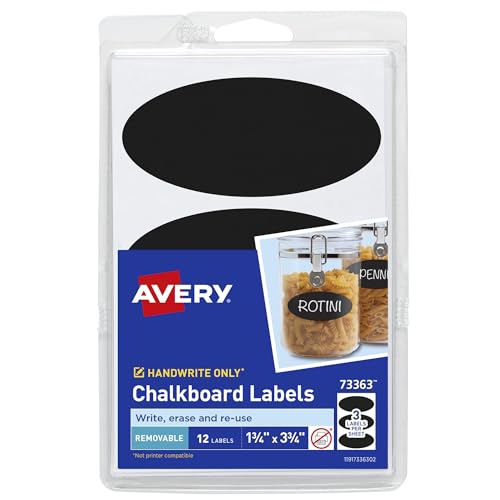 Avery Chalkboard Labels, 1.75″ x 3.75″ Oval Labels, Black, Non-Printable, 12 Total (73363)